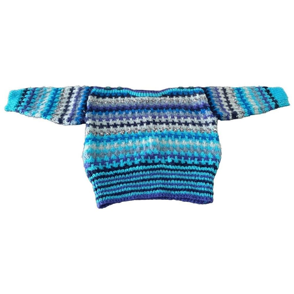 Hand Knit Wool Cardigan Sweater Toddler Blue Teal Purple White Striped